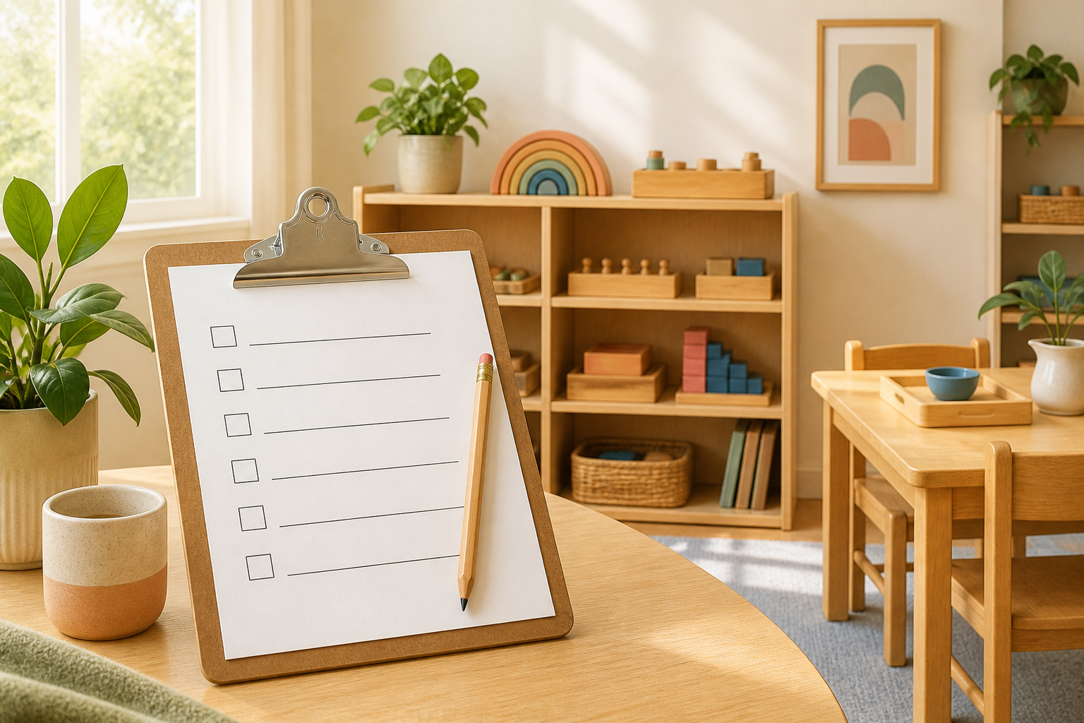 Clipboard with a blank checklist in a warm, organized early-childhood learning space