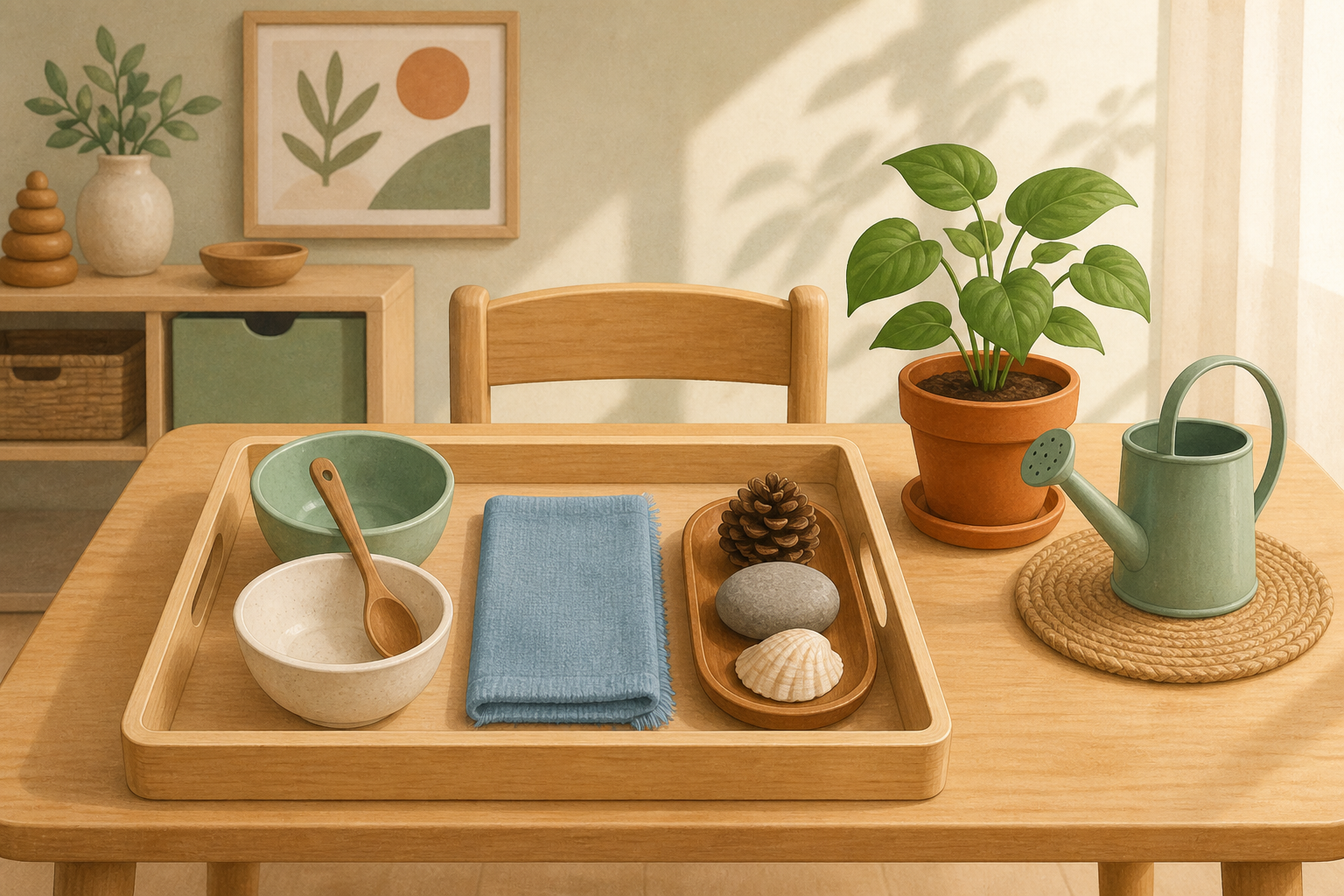 Montessori-inspired home activity tray with bowls, a spoon, cloth, natural objects, and a watering can