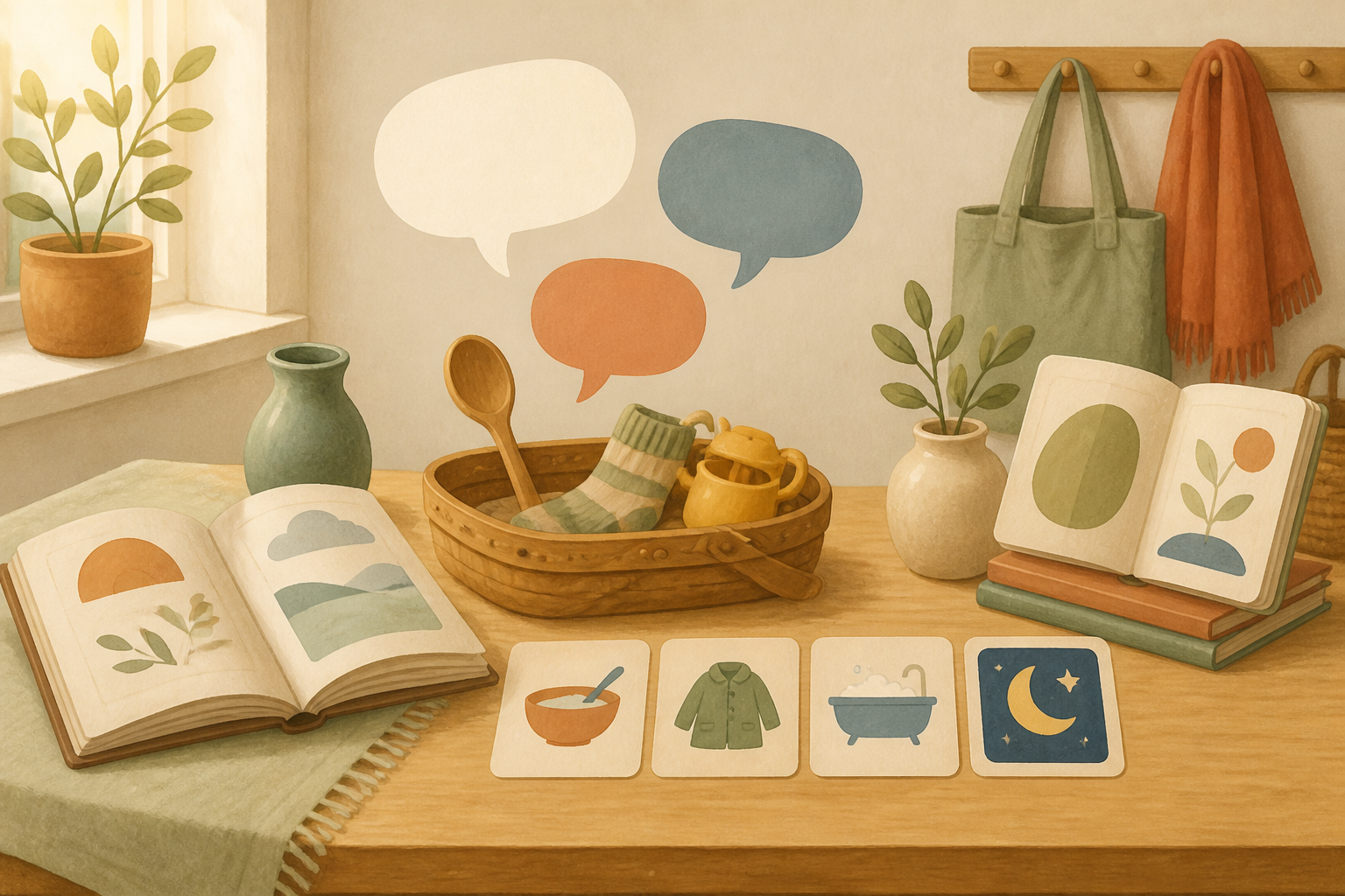 Books, routine cards, and everyday objects supporting language-rich family routines